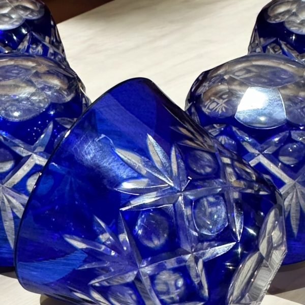 古董店 日本古物 江戶切子 手工製作 玻璃杯組 日式餐具 藍色玻璃 送禮推薦