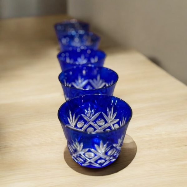 古董店 日本古物 江戶切子 手工製作 玻璃杯組 日式餐具 藍色玻璃 送禮推薦