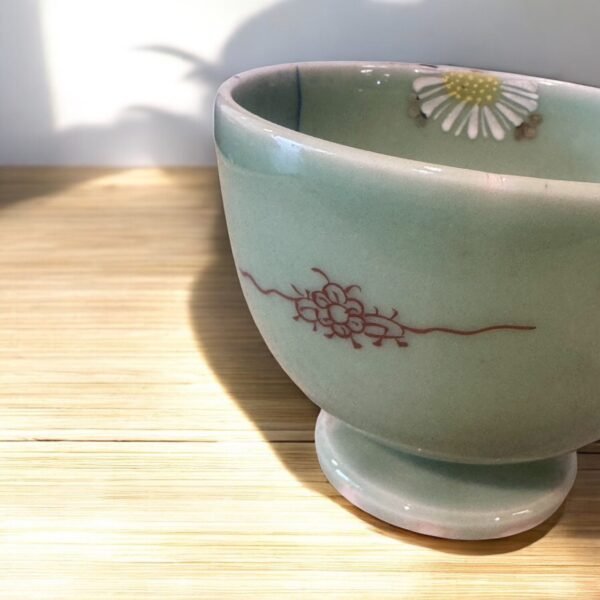 古董 古玩 收藏 日本高足茶碗 和風手繪茶碗 菊花紋茶碗 淡綠釉陶瓷 日本老物茶碗 茶道用陶器 昭和時期茶碗 日式茶具收藏 古物茶碗推薦 日本茶道器皿