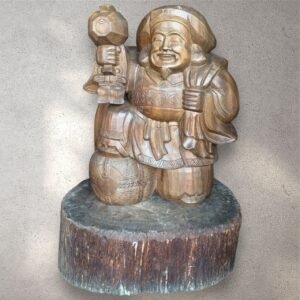 古董 古玩 古物收藏 日本木雕大黑天 七福神雕像 日式招財擺件 大型木雕佛像 打出小槌雕刻 米俵寓意雕像 日式鎮宅擺設 昭和期木雕 實木佛像擺飾 日式玄關招福像
