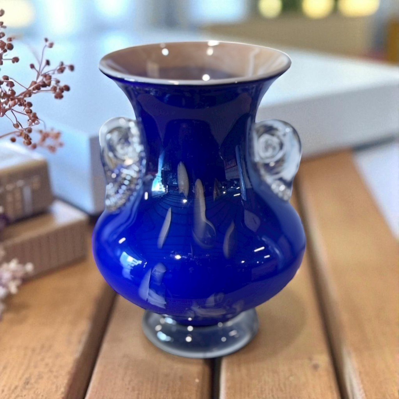 玻璃花瓶瑠璃色手工吹製雙耳玻璃花瓶| 大行日本藝術倉儲| 藝術品