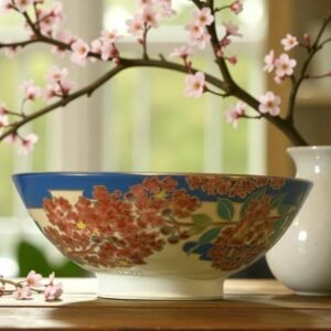 古董 古玩 收藏 日本京燒茶碗 落款茶碗 夏季抹茶碗 上繪彩花團碗 日式手繪陶瓷 日本茶道器具 京燒手作碗 日本和風甜品碗 昭和風茶具 大行日本藝術倉儲