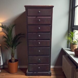 古董 古玩 收藏 日本木製抽屜櫃 八層收納櫃 深胡桃色家具 高身窄型收納櫃 日本家具選物 實木收納櫃 日本家居收納 日本古道具風櫃 大行日本藝術倉儲 日本現代木製家具