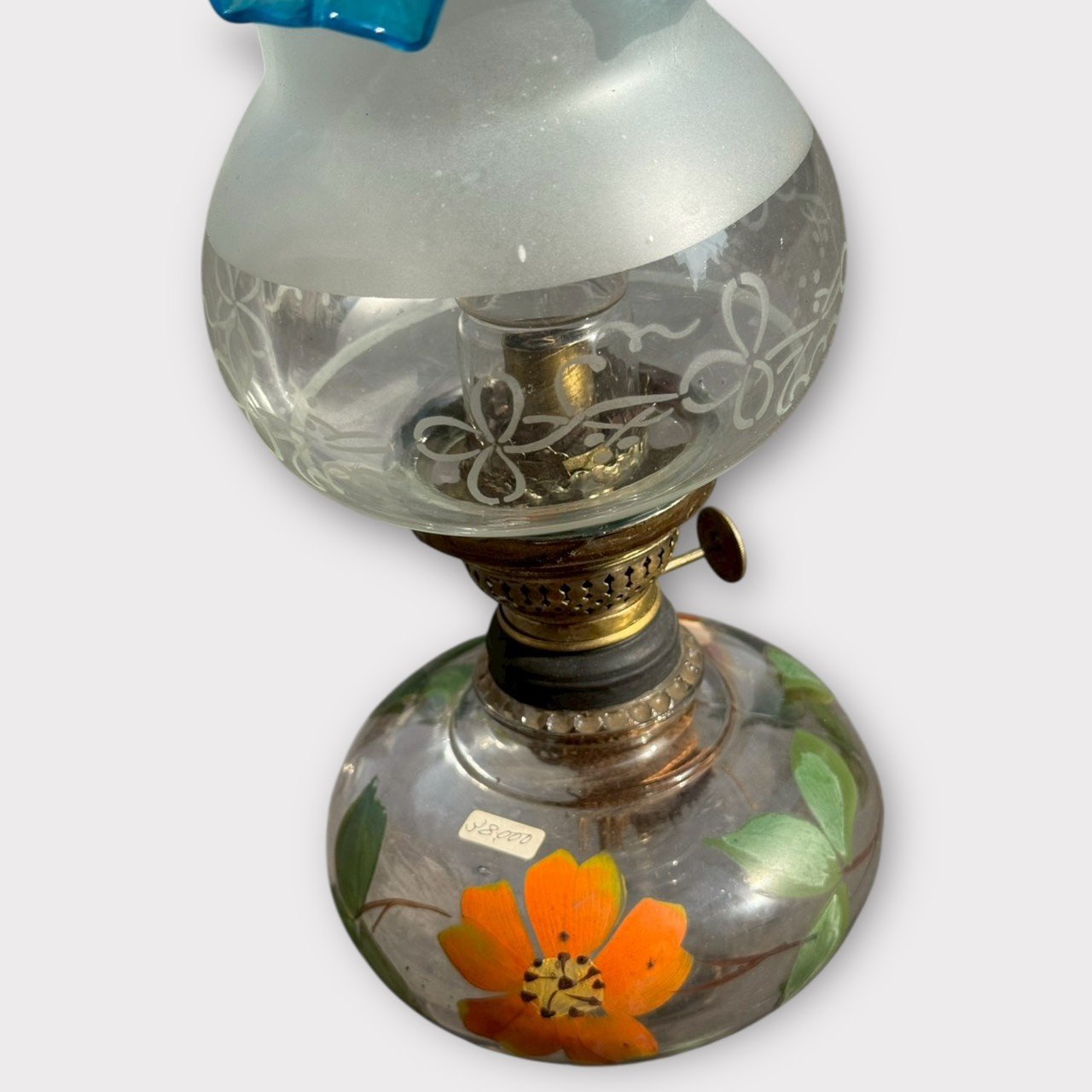 日本大正浪漫手吹藍緣荷葉玻璃油燈:圖片 5