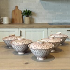 古董 古玩 收藏 大行日本藝術藏除 日本昭和蓋茶碗 赤繪網目紋茶碗 日式蓋物碗五客組 日本老件餐具 懷石料理器皿 日式宴客餐具 附木盒茶碗 日本和食餐桌 昭和風日式器物 日本古物收藏