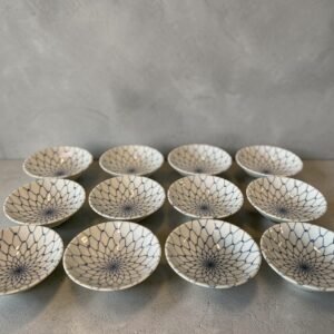 大行日本藝術倉儲 古董 收藏 日本古物 日本染付小皿 青花網目紋瓷器 高峰款日式餐具 網紋漬物碟 職人手寫落款小盤 日式下午茶點心皿 居酒屋批發餐具 昭和風青花瓷盤 經典網目紋意義 和風餐桌裝飾精品