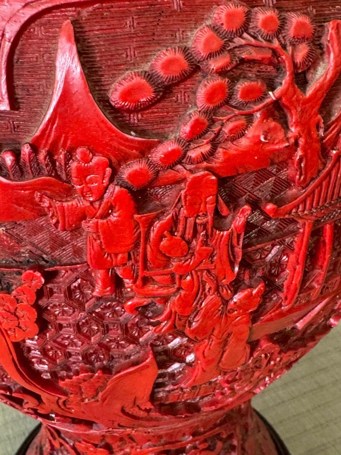 日本朱紅雕漆立體雕刻大花瓶:圖片 13