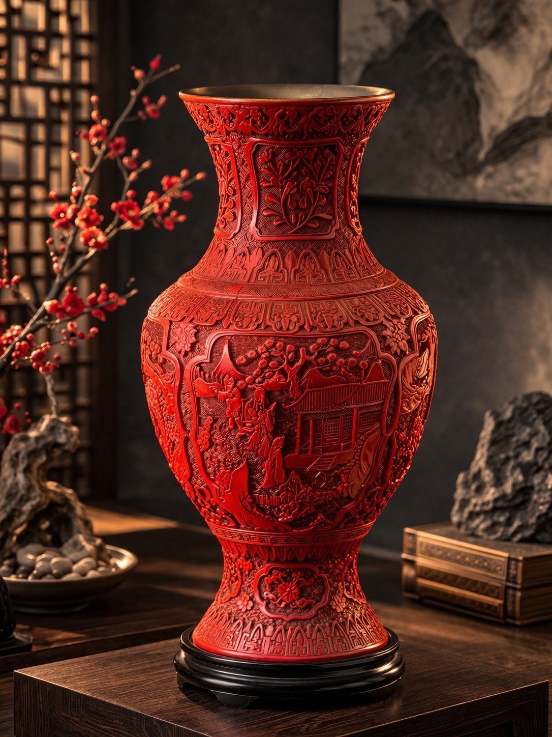 大行日本藝術倉儲 古董 收藏 拍賣 本高階雕漆花瓶 帶銅膽漆器收藏 職人剔紅立體花器 昭和盛世錦紋裝飾 空間壓艙石選物 博物館級雕漆藝術 高級文房陳設 歷史感紅漆大瓶 絕版古物投資 日本回流工藝重器