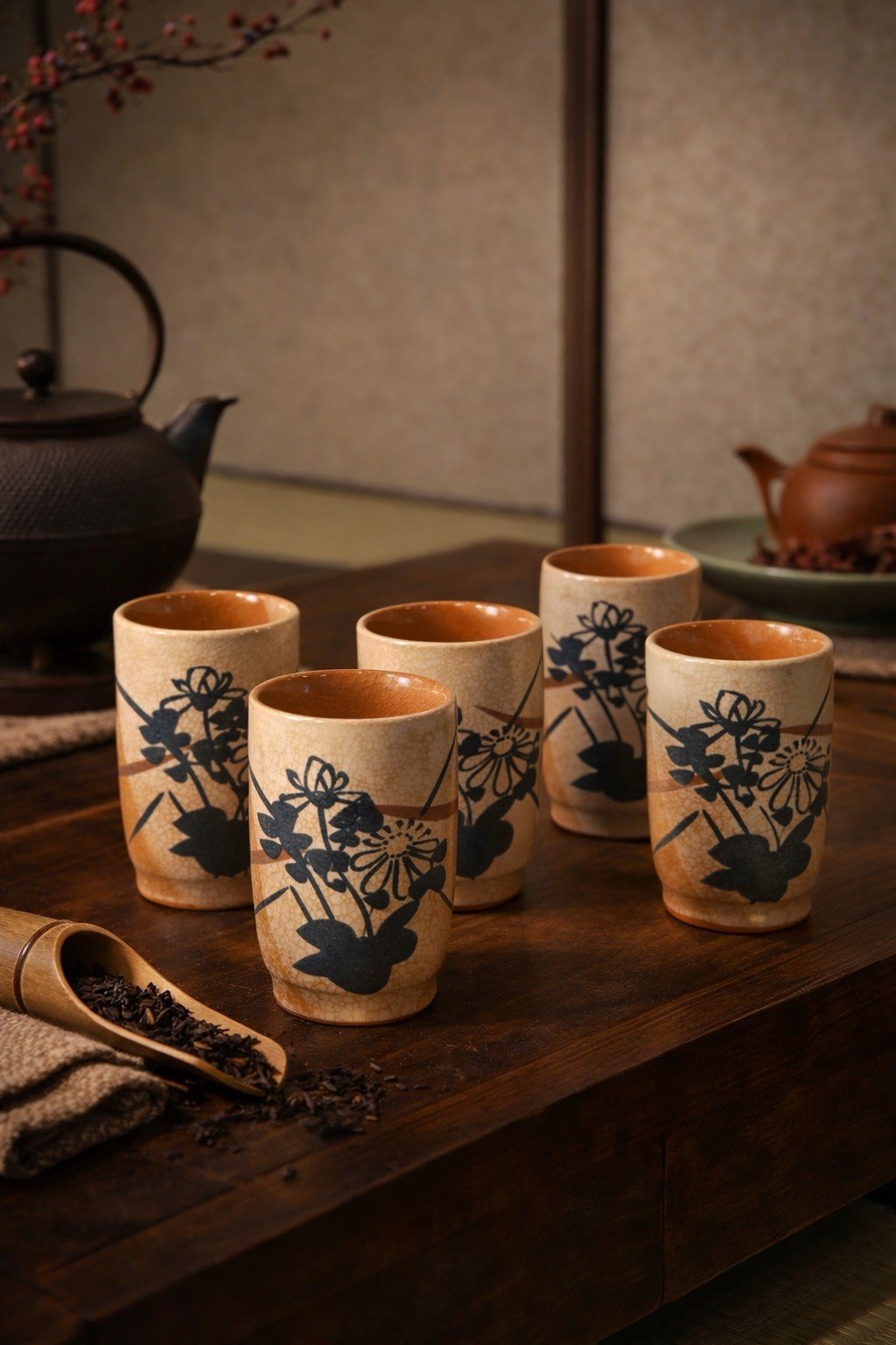 大行日本藝術倉儲 古董 收藏 拍賣 日本陶製茶杯組 手繪湯吞收藏 日式民藝風格茶具 菊花紋陶杯 日本回流古物 釉下彩茶杯 手工陶器選物 居家茶席道具 和風生活器皿 五只合售茶具組